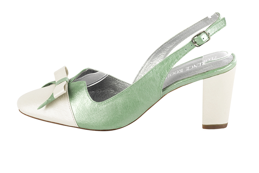 Off white and mint green women's open back shoes, with a knot. Round toe. High block heels. Profile view - Florence KOOIJMAN